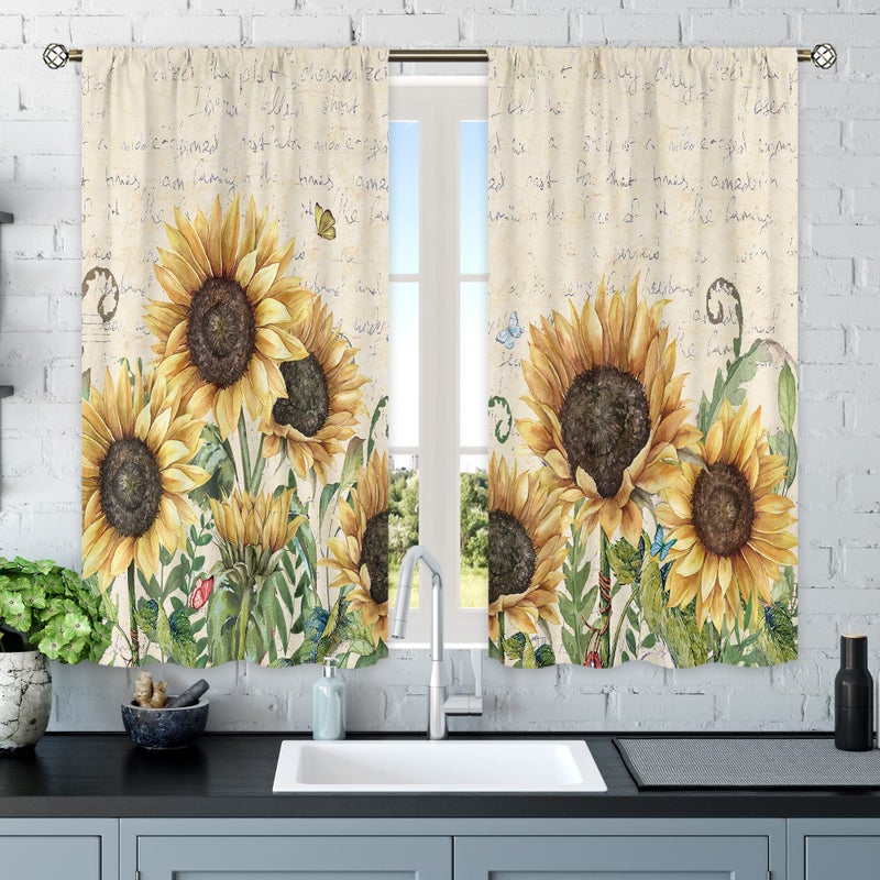 Mitpok Rustic Sunflower Curtains Yellow Floral Curtains for Farmhouse Kitchen Country Fall Retro Plant Butterfly Decor  275Wx39H Inch Rod Pocket 2 Panels Small Window Treatment Set