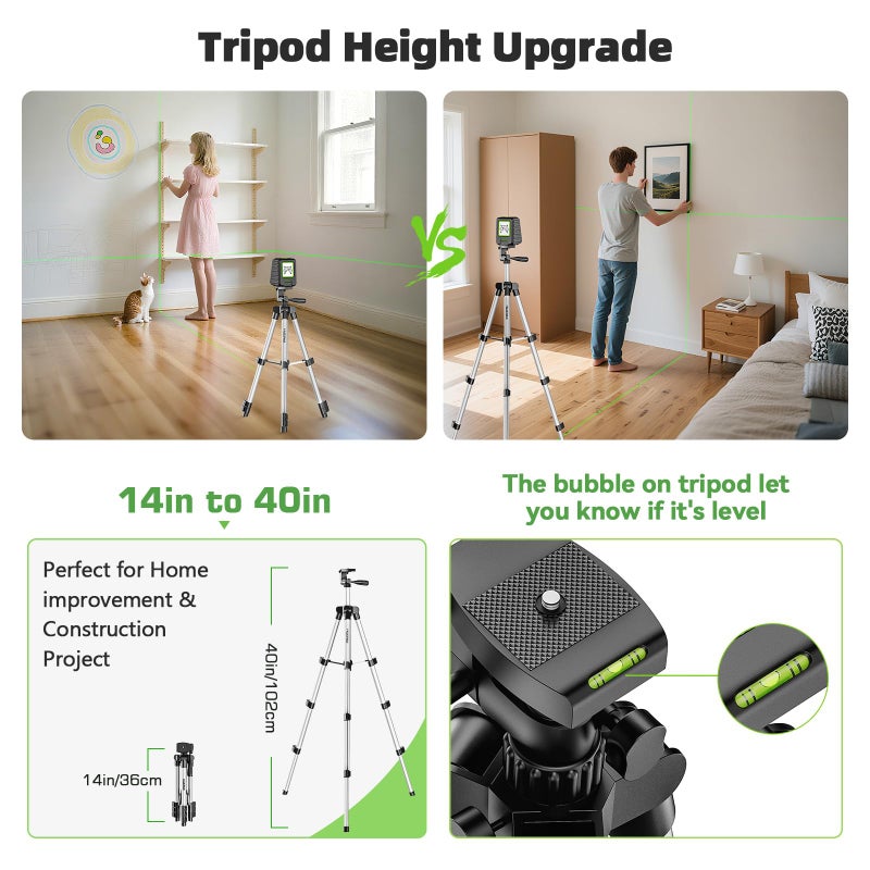 Huepar Laser Level with 40in Tripod, Huepar 150Â°/150Ft Self Leveling Lazer Leveler Tool with Pulse Mode (197Ft), Switchable Green Cross Line for Picture Hanging, Tile, DIY/Construction Project - Image 2