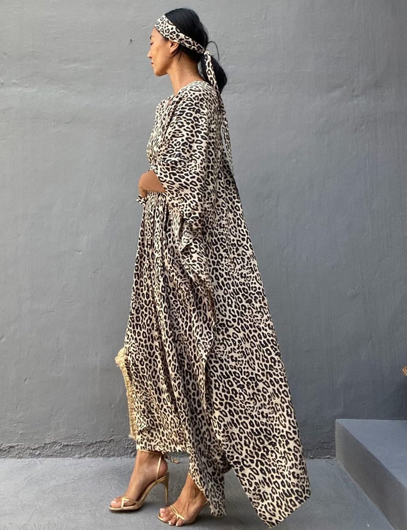 Bsubseach Beach Kaftan Dresses Cheetah Long Rayon Caftan Swim Cover Up Muumuu Animal Dress Oversized Coverups Swimwear Yellow Grey Leopard - Image 5