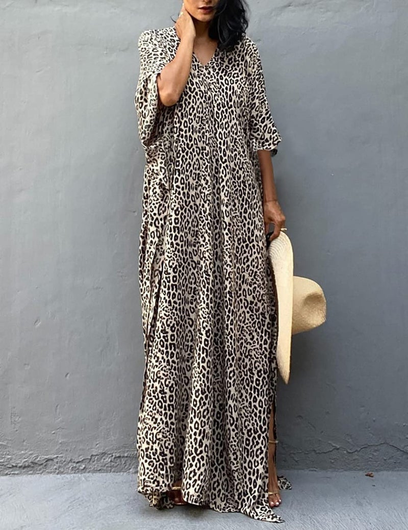 Bsubseach Beach Kaftan Dresses Cheetah Long Rayon Caftan Swim Cover Up Muumuu Animal Dress Oversized Coverups Swimwear Yellow Grey Leopard - Image 3