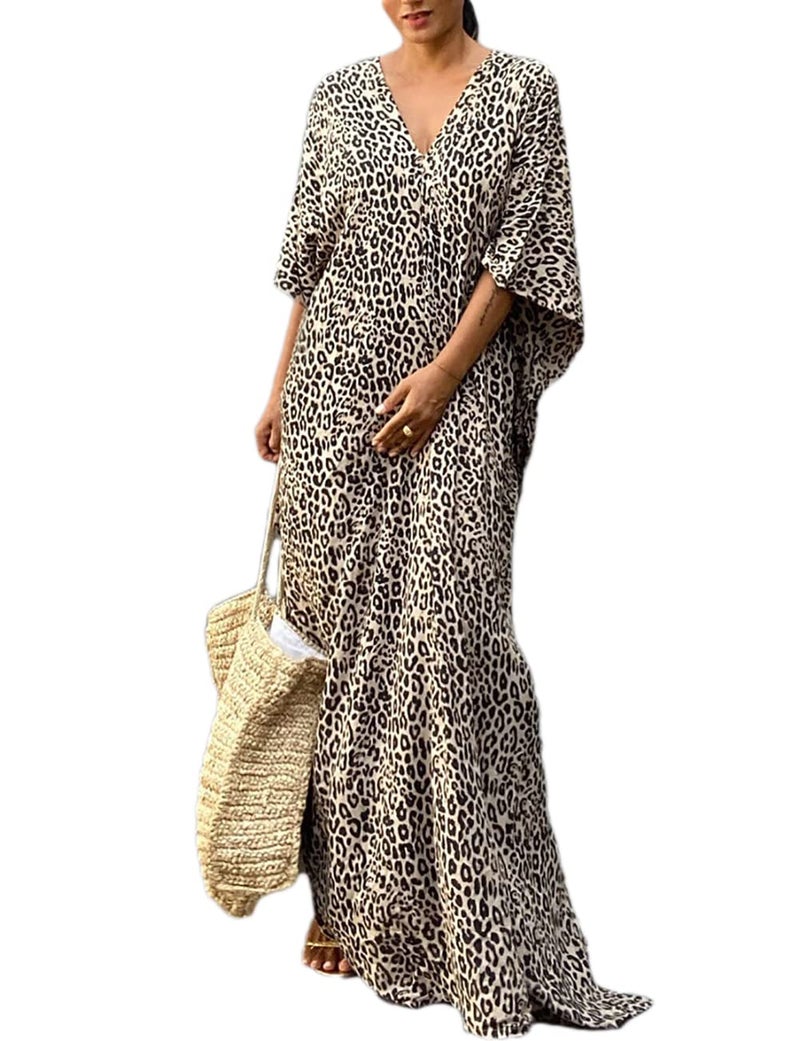 Bsubseach Beach Kaftan Dresses Cheetah Long Rayon Caftan Swim Cover Up Muumuu Animal Dress Oversized Coverups Swimwear Yellow Grey Leopard - Image 1