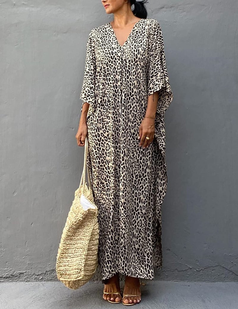 Bsubseach Beach Kaftan Dresses Cheetah Long Rayon Caftan Swim Cover Up Muumuu Animal Dress Oversized Coverups Swimwear Yellow Grey Leopard - Image 4