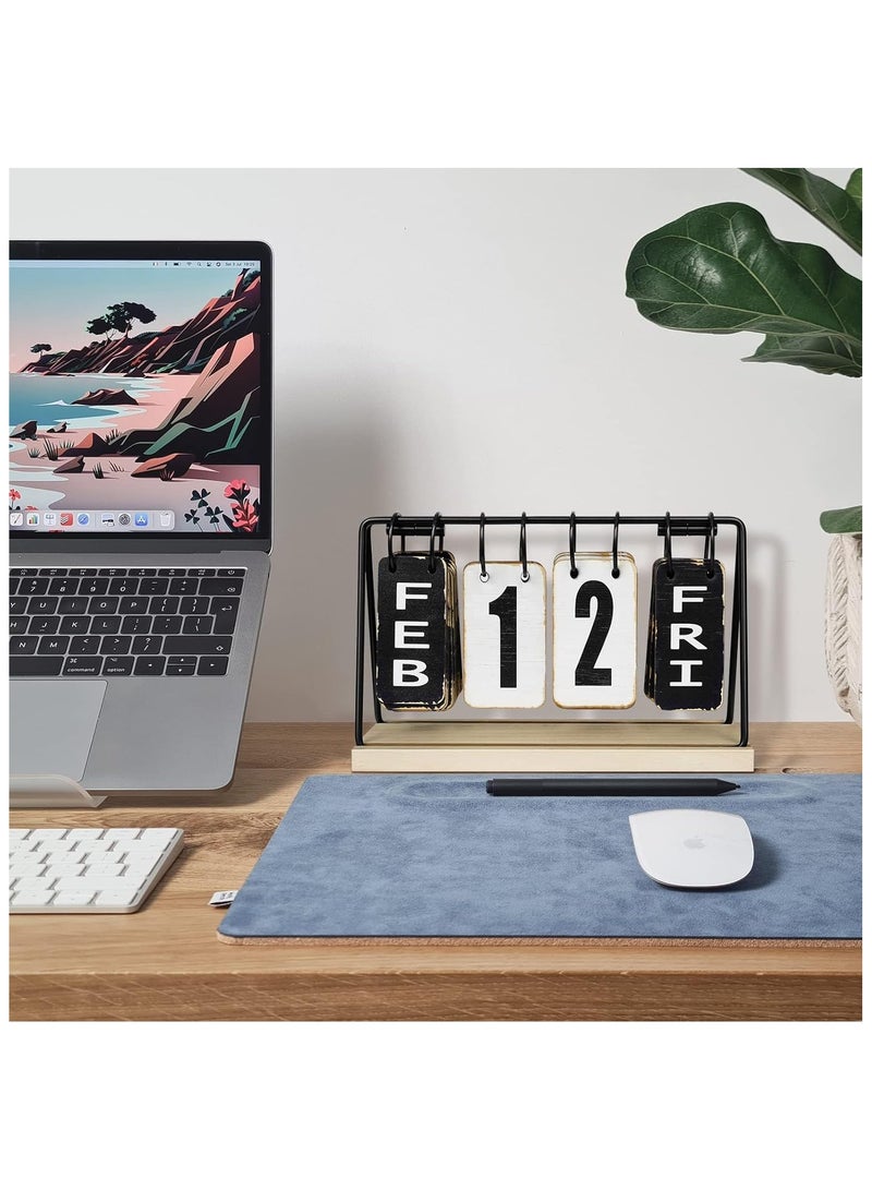 NANAO تقويم مكتبي خشبي، تقويم مكتبي معدني قائم، تقويم دائري قابل للتقليب مع عرض كبير، تقويم يومي مكتبي ملحقات مكتبية ريفية لمنزل مكتب الديكور - Image 3