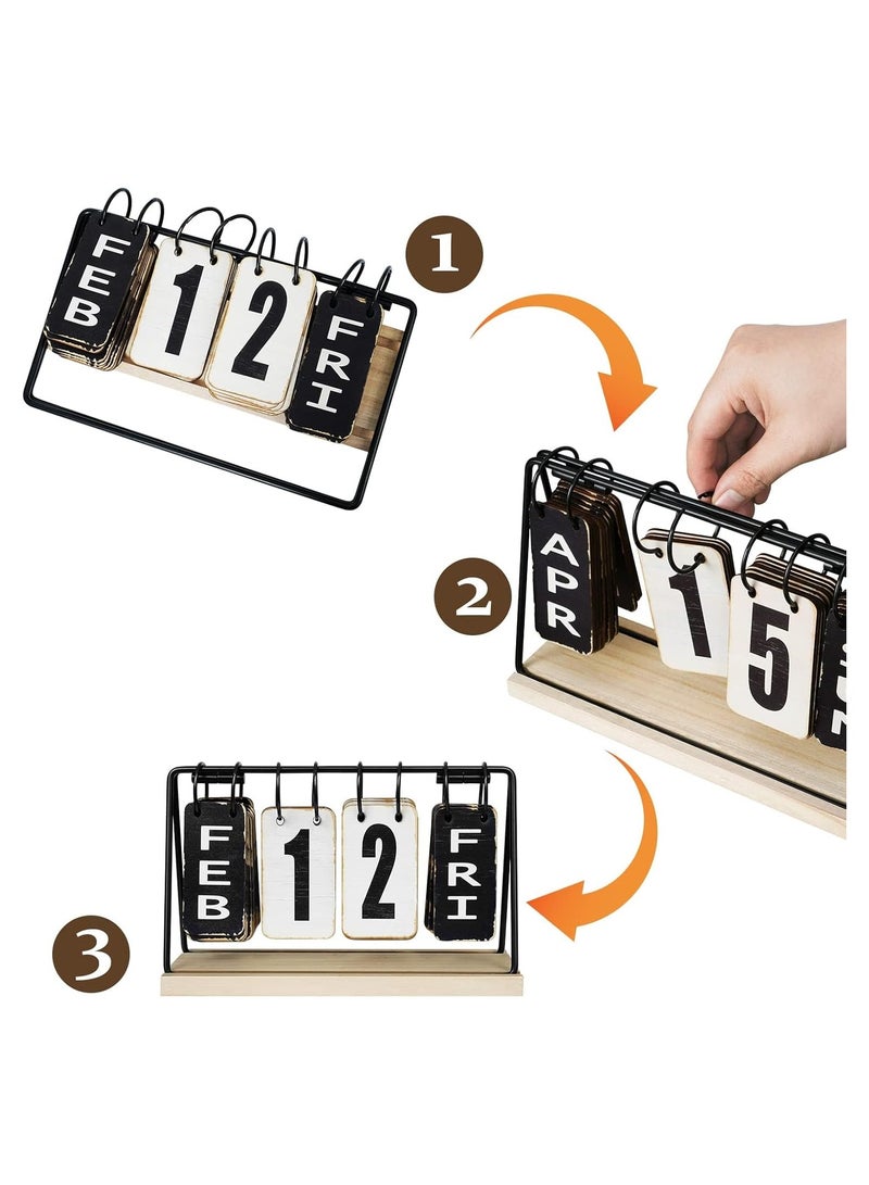 NANAO تقويم مكتبي خشبي، تقويم مكتبي معدني قائم، تقويم دائري قابل للتقليب مع عرض كبير، تقويم يومي مكتبي ملحقات مكتبية ريفية لمنزل مكتب الديكور - Image 5