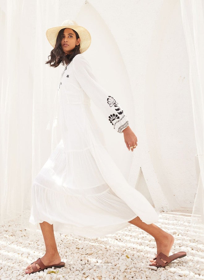 SALT ATTIRE Ethnic Motifs Embroidered Crepe A-Line Midi Dress - Image 5