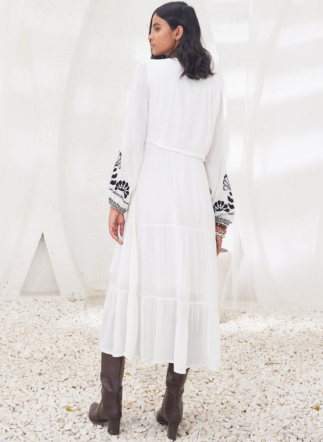 SALT ATTIRE Ethnic Motifs Embroidered Crepe A-Line Midi Dress - Image 3