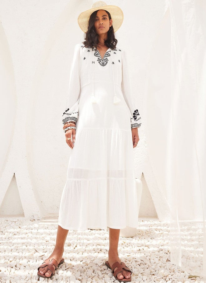 SALT ATTIRE Ethnic Motifs Embroidered Crepe A-Line Midi Dress - Image 1