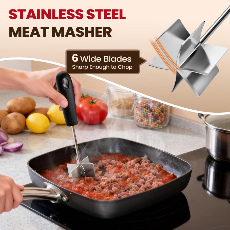 Goldusk Stainless Steel Meat Chopper, Goldusk 10 Inch Meat Masher Ground Beef Chopper Tool with 6 Curve Blades & Ergonomic Non-Slip Handle, Hamburger Smasher Tool Ground Meat Smasher Dishwasher Safe - Image 3