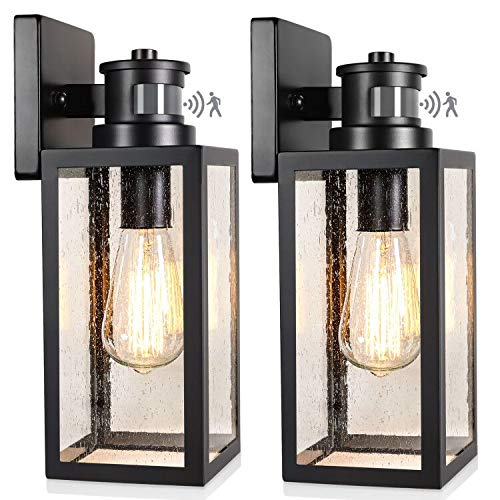 Lakumu 2-Pack Motion Sensor Outdoor Wall Lights, Upgraded Dusk to Dawn Exterior Wall Sconces Lanterns with Seeded Glass, Porch Light Fixtures Outside Lights for House Front Door Entryway Garage, Black - Image 1