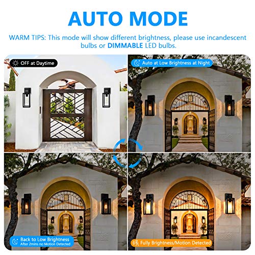 Lakumu 2-Pack Motion Sensor Outdoor Wall Lights, Upgraded Dusk to Dawn Exterior Wall Sconces Lanterns with Seeded Glass, Porch Light Fixtures Outside Lights for House Front Door Entryway Garage, Black - Image 2