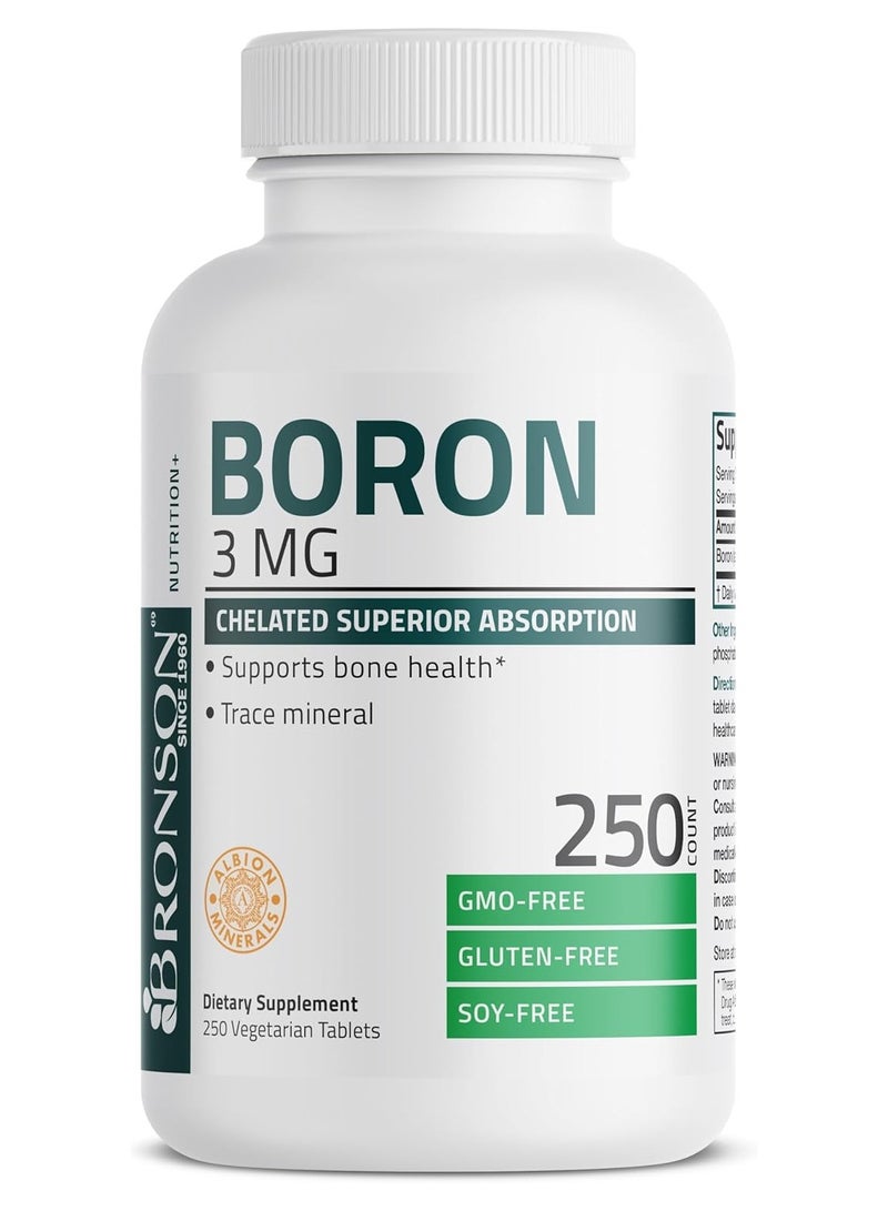 برونسون بورون 3 مجم مخلبي فائق الامتصاص يدعم صحة العظام، أثر معدني، غير معدل وراثيًا، 250 قرص نباتي - Image 1