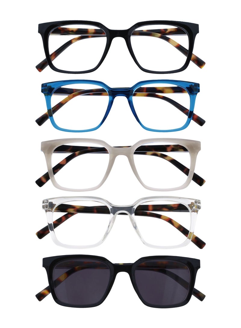 OPULIZE KOI Reading Glasses with Reading Sunglasses, Mixed Pack,Scratch Resistant Large Rectangular frame with spring Hinges, Black, Blue, Grey, Clear, Black +1.5 (Pack of 5) - Image 1