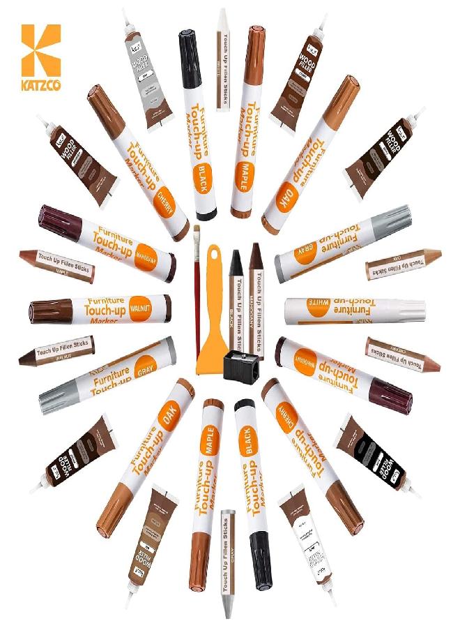 Katzco Katzco Total Furniture Repair Kit - Set of 34 - Resin Repair Wood Filler, Brushes, Markers with Plastic Scraper - for Stains, Scratches, Wood Floors, Tables, Desks, Carpenters, Bedposts 