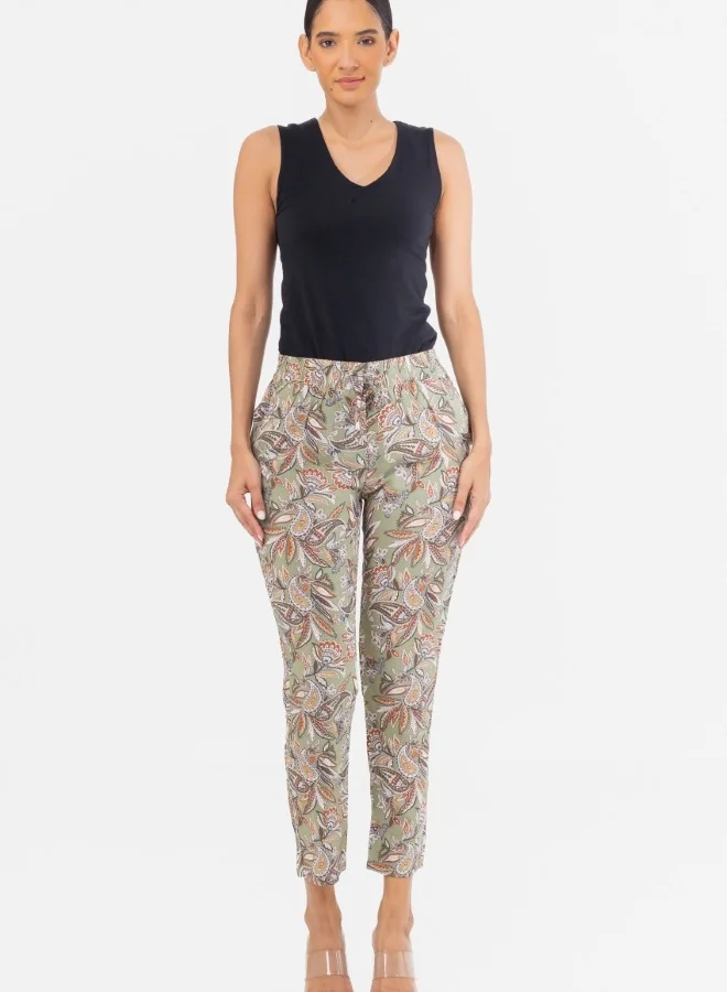 HaILYS Paisley Print Elastic Waist Ankle Pants - Olive Green