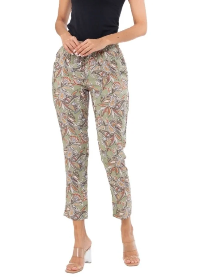 HaILYS Paisley Print Elastic Waist Ankle Pants - Olive Green