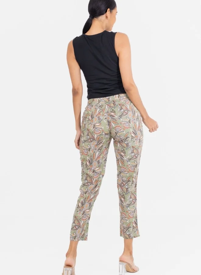 HaILYS Paisley Print Elastic Waist Ankle Pants - Olive Green
