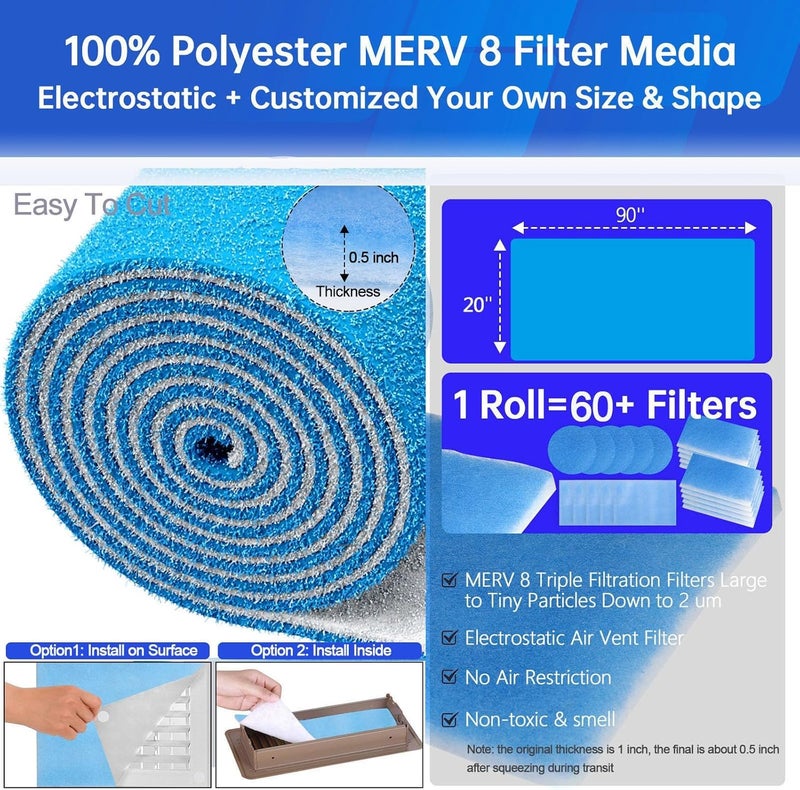 Demiwise 20''x90'' Air Vent Filters, High Air Flow Cut to Size(80+Filters) MERV 8 Electrostatic Floor Vent Filter for Floor Registers, RV, AC, Ceiling, Grilles and Wall HVAC Furnace Vents, 48PCs Adhesive Hook - Image 2