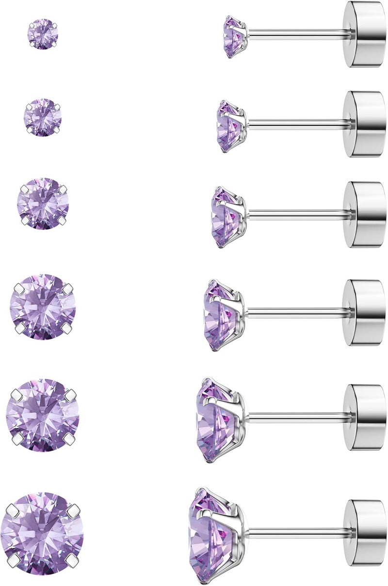 WSSXC 6 Pairs Hypoallergenic Cubic Zirconia Earrings Surgical Steel Flat Back Studs for Cartilage, Screw Back Fashion Jewelry - Image 1