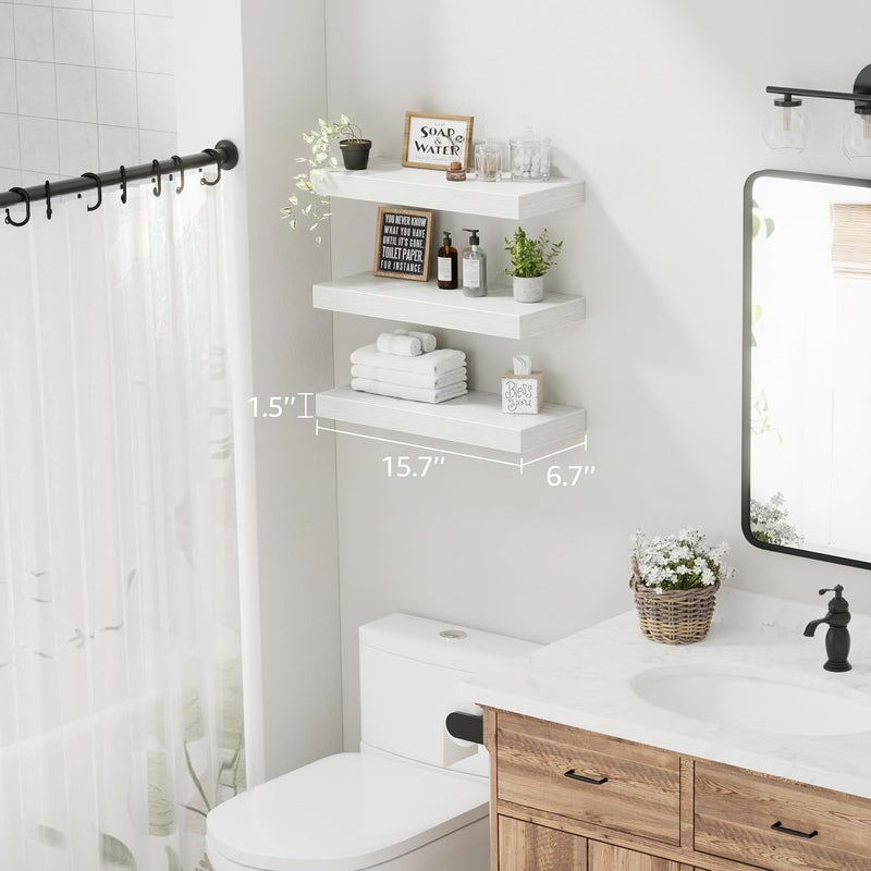 QEEIG White Floating Shelves for Wall Bathroom Shelf Bedroom Kitchen Farmhouse Modern Small Book Shelf Set of 3 (015-W3) - Image 3