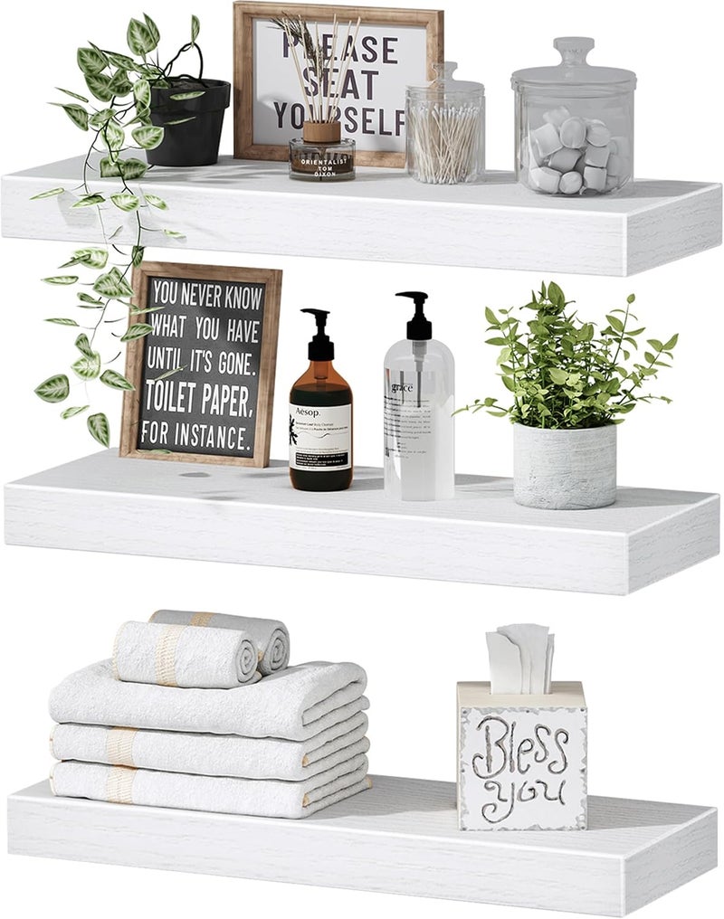 QEEIG White Floating Shelves for Wall Bathroom Shelf Bedroom Kitchen Farmhouse Modern Small Book Shelf Set of 3 (015-W3) - Image 1