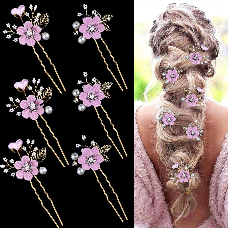6 Pcs Bridal Flower Wedding Hair Pins Crystal Pearl Hair Pins Clips Headpiece Gold Wedding Hair Accessories Jewelry with Rhinestone for Brides Bridesmaids Women Girls Updo Romantic Lilac Purple