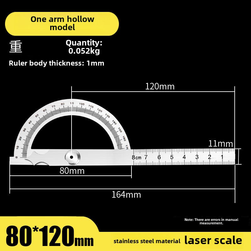 Shengtaixin Stainless Steel Protractor Angle Ruler Woodworking Angle Ruler Measuring Tool Industrial Grade Multi-Functional Angle Gauge(Single arm hollow 80*120mm) - Image 1