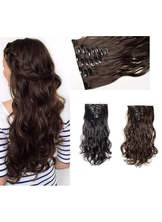 BeatStock Curly/Wavy Hair Extensions In High Temperature Synthetic Fiber In 24 Inch, 6 Pcs Set,16 Clips Head In 1 Piece For Women And Girls (Brown)  - Image 1