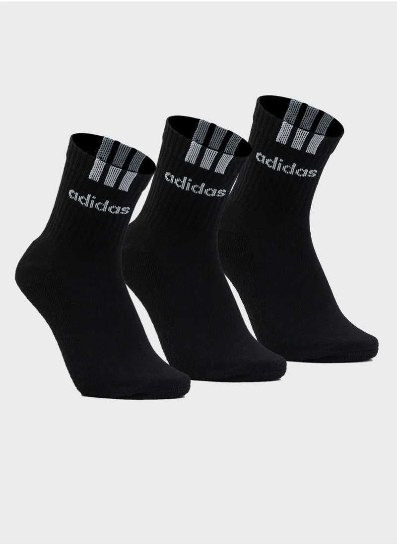 Adidas 3 Pack 3 Stripe Linear Half-Crew Cushioned Socks