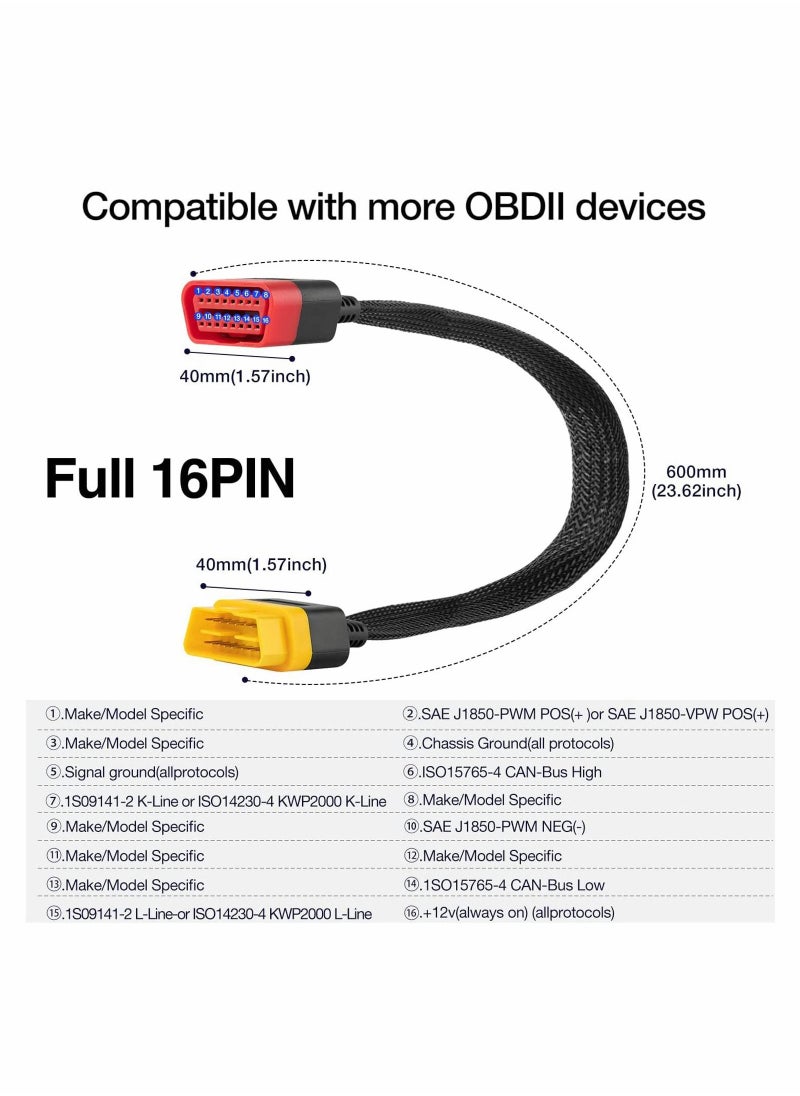 OBD2 Extension Cable OBDII Extend Full 16Pin Male to Female for Car OBD Diagnostic Extender Cord Connector Reinforced Nylon Material 60CM/23.6Inch
