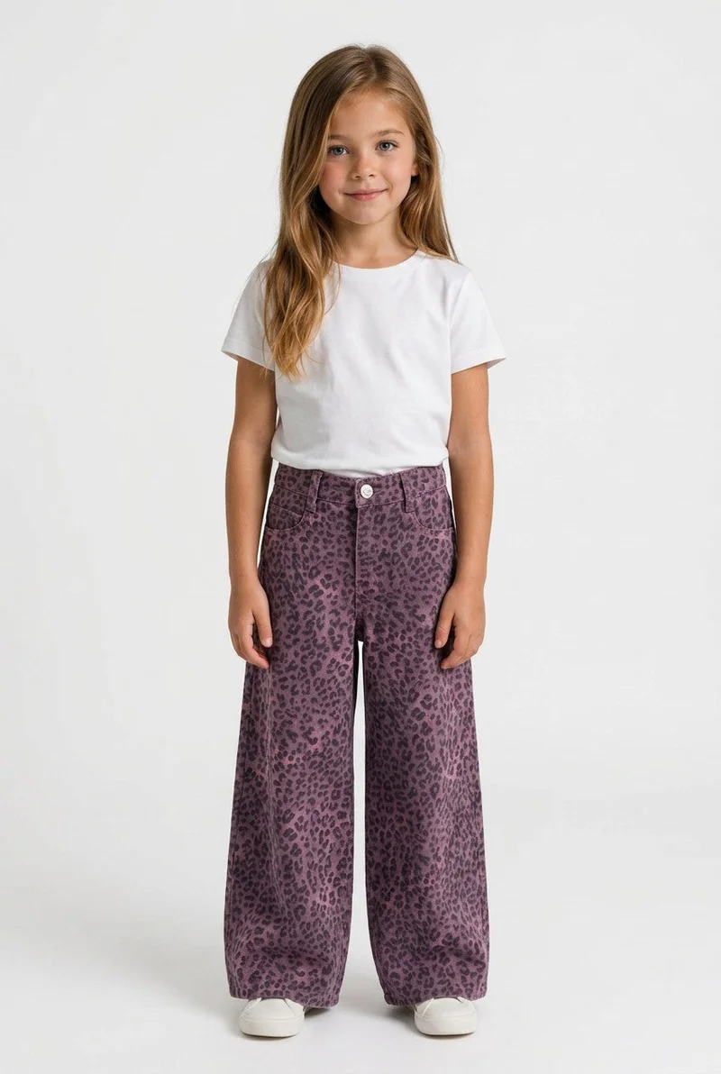 او في اس OVS Purple Wide-Leg Pure Cotton Trousers With Animal Print For Girls