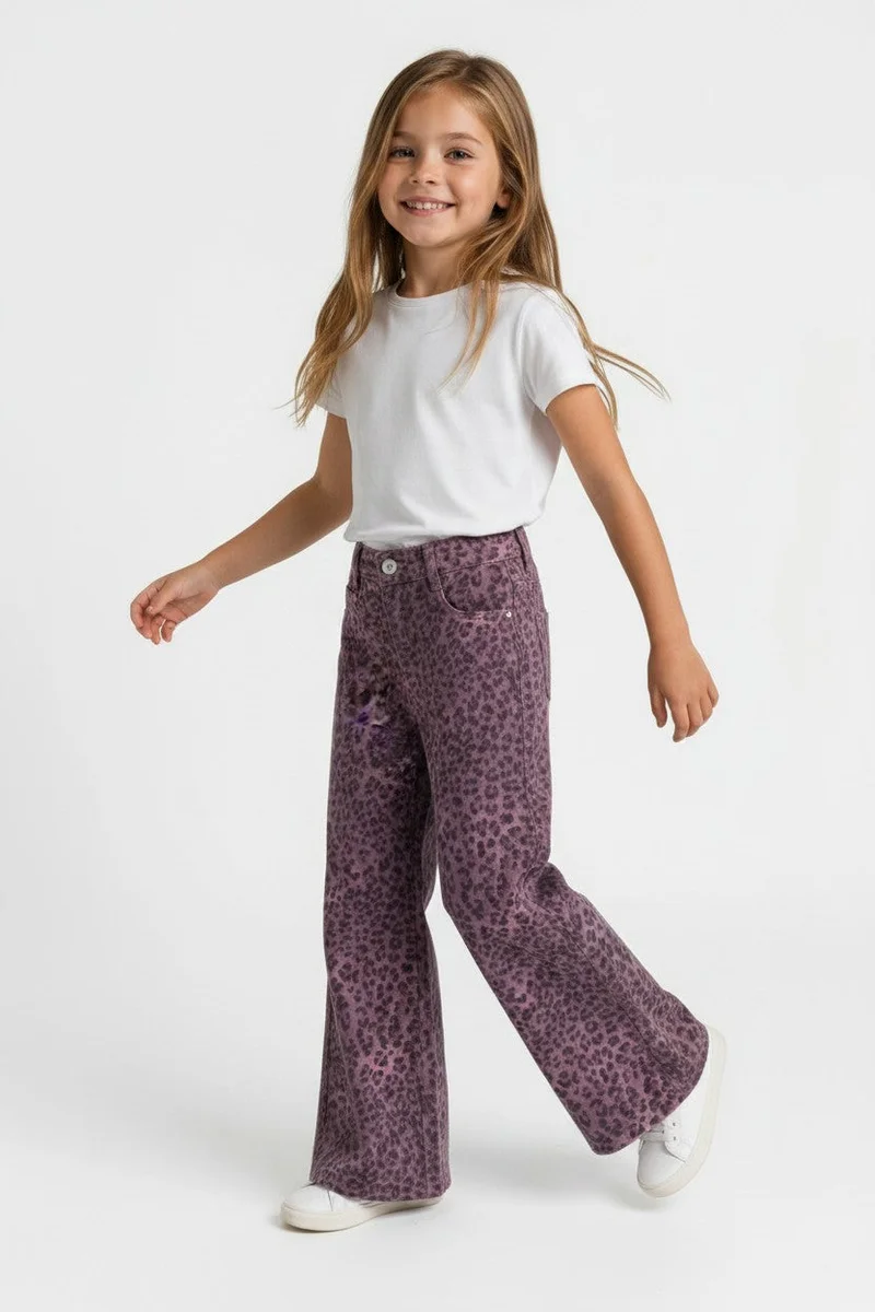 او في اس OVS Purple Wide-Leg Pure Cotton Trousers With Animal Print For Girls