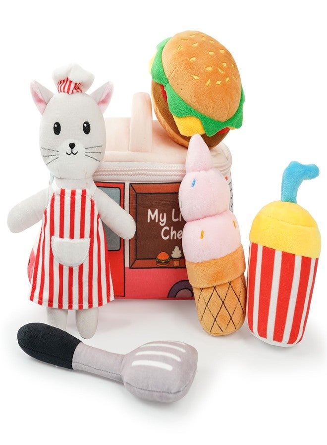 JUSTQUNSEEN Stuffed Plush Chef Kit for Baby Toddler, 6-Piece My Little Playset, Sensory Pretend Play Toy with Food Truck/Cat Chef/Spatula, Boy Girl Infant Newborn Gifts - Image 1