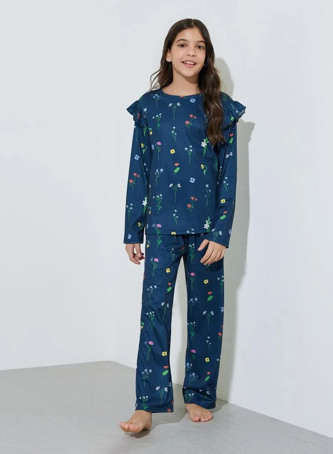 Styli Teen Girls Navy Blue All Over Print Ruffled Sleeves T-Shirt and Pants Pyjama Set