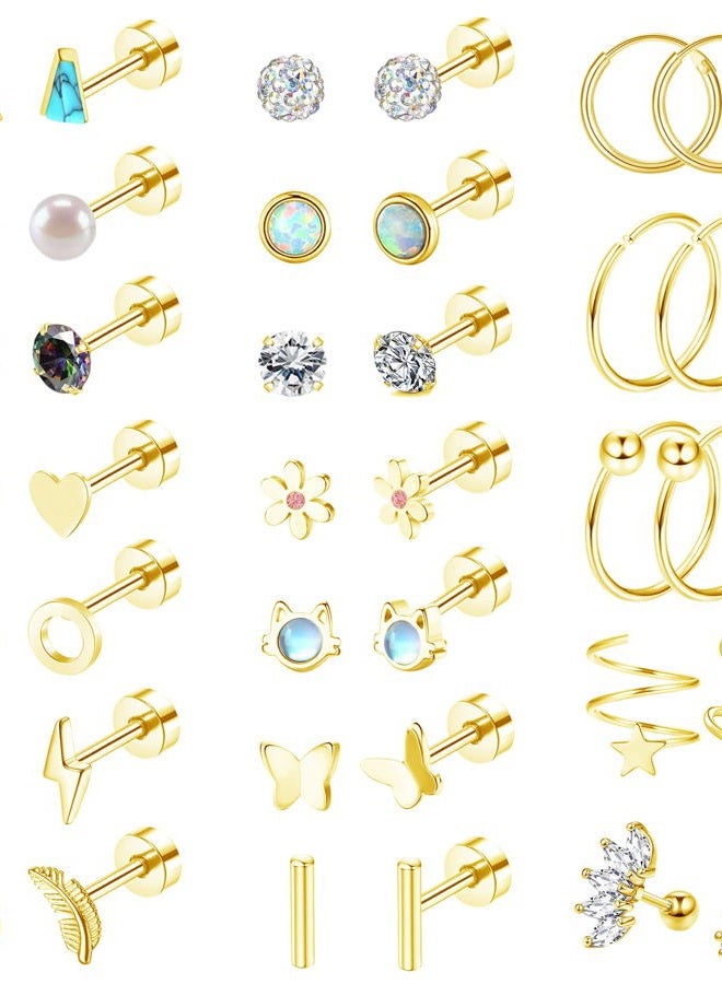 MJust 18 Pairs Stainless Steel Stud Earrings Set for Women Men Star Moon Triangle Heart Leaf 20G Cartilage Hypoallergenic Flatback Piercing Jewelry, Steel, Cubic Zirconia, Gold-A - Image 1