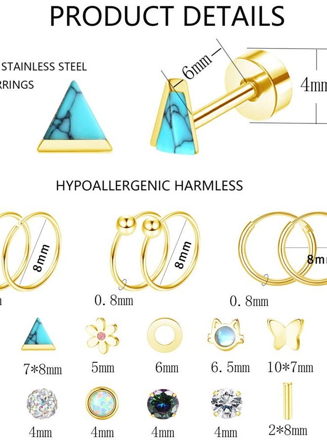 MJust 18 Pairs Stainless Steel Stud Earrings Set for Women Men Star Moon Triangle Heart Leaf 20G Cartilage Hypoallergenic Flatback Piercing Jewelry, Steel, Cubic Zirconia, Gold-A - Image 3
