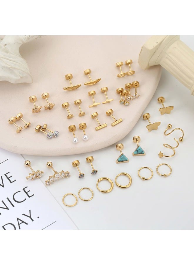 MJust 18 Pairs Stainless Steel Stud Earrings Set for Women Men Star Moon Triangle Heart Leaf 20G Cartilage Hypoallergenic Flatback Piercing Jewelry, Steel, Cubic Zirconia, Gold-A - Image 5