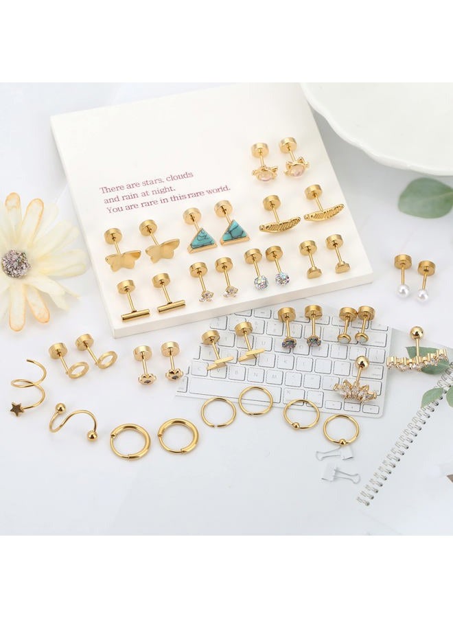 MJust 18 Pairs Stainless Steel Stud Earrings Set for Women Men Star Moon Triangle Heart Leaf 20G Cartilage Hypoallergenic Flatback Piercing Jewelry, Steel, Cubic Zirconia, Gold-A - Image 4