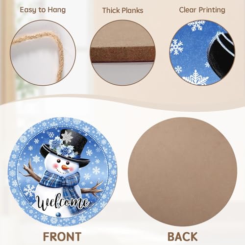Harooni Welcome Winter Snowman Blue Sign for Front Door Christmas Snowflake Wood Door Hanger 12"x12" Holiday Welcome Decorations Rustic Wreath Wall Hanging Decorative for Home Wall Porch Yard Garden - Image 3