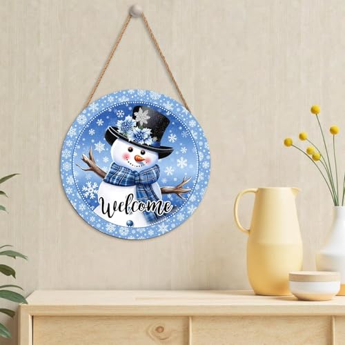 Harooni Welcome Winter Snowman Blue Sign for Front Door Christmas Snowflake Wood Door Hanger 12"x12" Holiday Welcome Decorations Rustic Wreath Wall Hanging Decorative for Home Wall Porch Yard Garden - Image 5