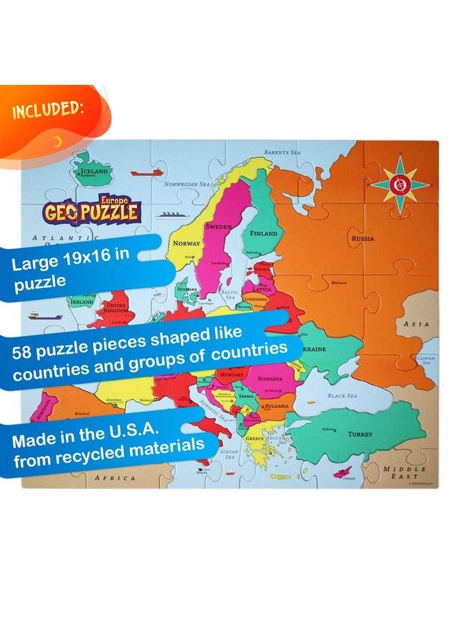 Geotoys - Geopuzzle Europe Educational Kid Toys For Boys And Girls, 58 Piece Geography Jigsaw Puzzle, Jumbo Size Kids Puzzle Ages 4 And Up - Image 1