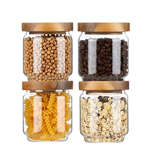 Homtop Glass Storage Containers Set of 4, 15 FL OZ High Borosilicate Glass Jars Kitchen Food Canisters with Acacia Wood Lids for Coffee Beans/Sugar/Tea/Nuts - Image 1