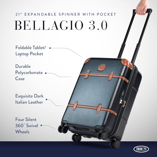 Bric's Bellagio 3.0 Spinner Trunk - Luxury Hardshell Carry On Luggage with Large Wheels, Telescopic Handle, Leather Detailing - Expandable Rolling Suitcase - 21", Black - Image 2