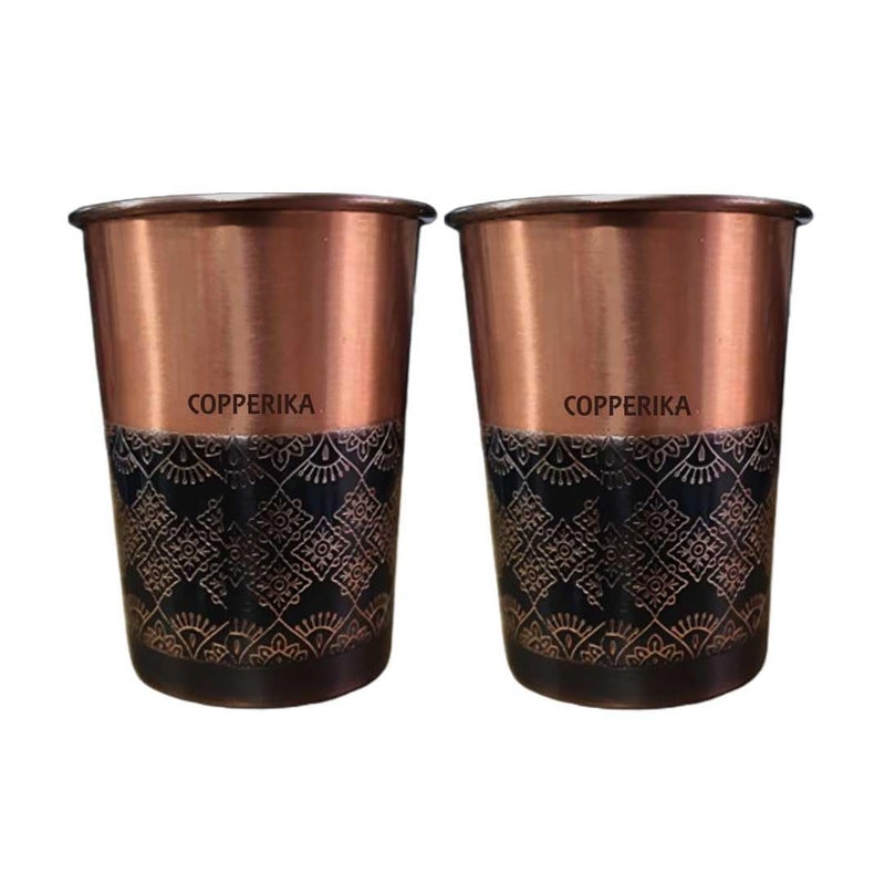 Copperika Original 100 Pure Copper Glass with Half Antique Design Volume 300 ml Pack of 2 Drinking Serving Water Heavy Build Eco Friendly with Ayurvedic Other Health Benefits - Image 1