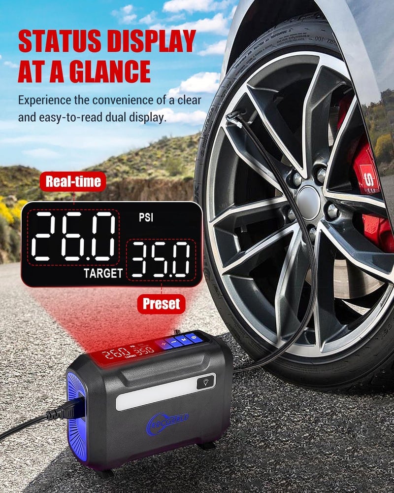 مضخة هواء محمولة ROCGWORLD R8 للإطارات، ضاغط هواء محمول بتيار مستمر 12 فولت مع شاشة رقمية مزدوجة كبيرة، مضخة نفخ أسرع بثلاث مرات للسيارة والدراجة والكرة والمحرك (أزرق) - Image 3
