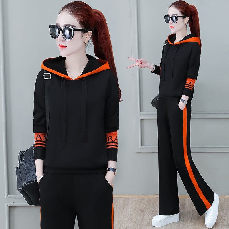 Wide Leg Pants Set Womens Spring Wear 2023 New Korean Loose Fashion Sweatshirt Casual Sportswear Two-Piece Trendy Black (Suit) Pants 