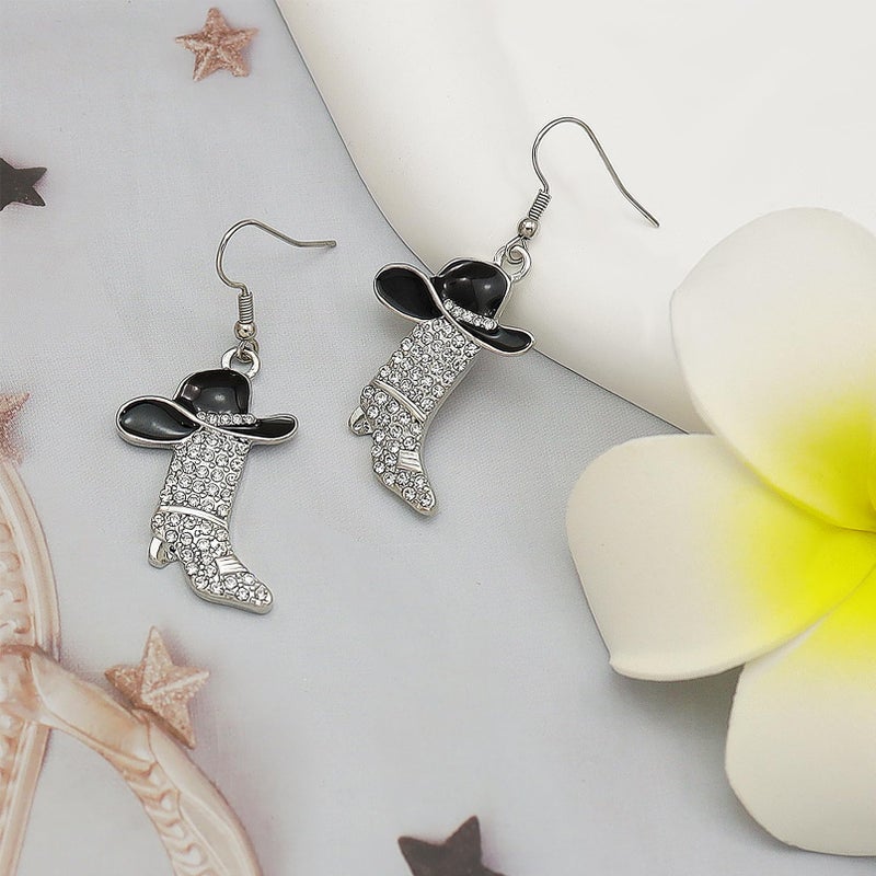 RechicGu Rhinestone Western Boots Earrings Cowgirl Cowboy Enamel Hat Bohemian Rodeo Boot Drop Dangle Earrings for Women Girls Gift Black Hat - Image 5