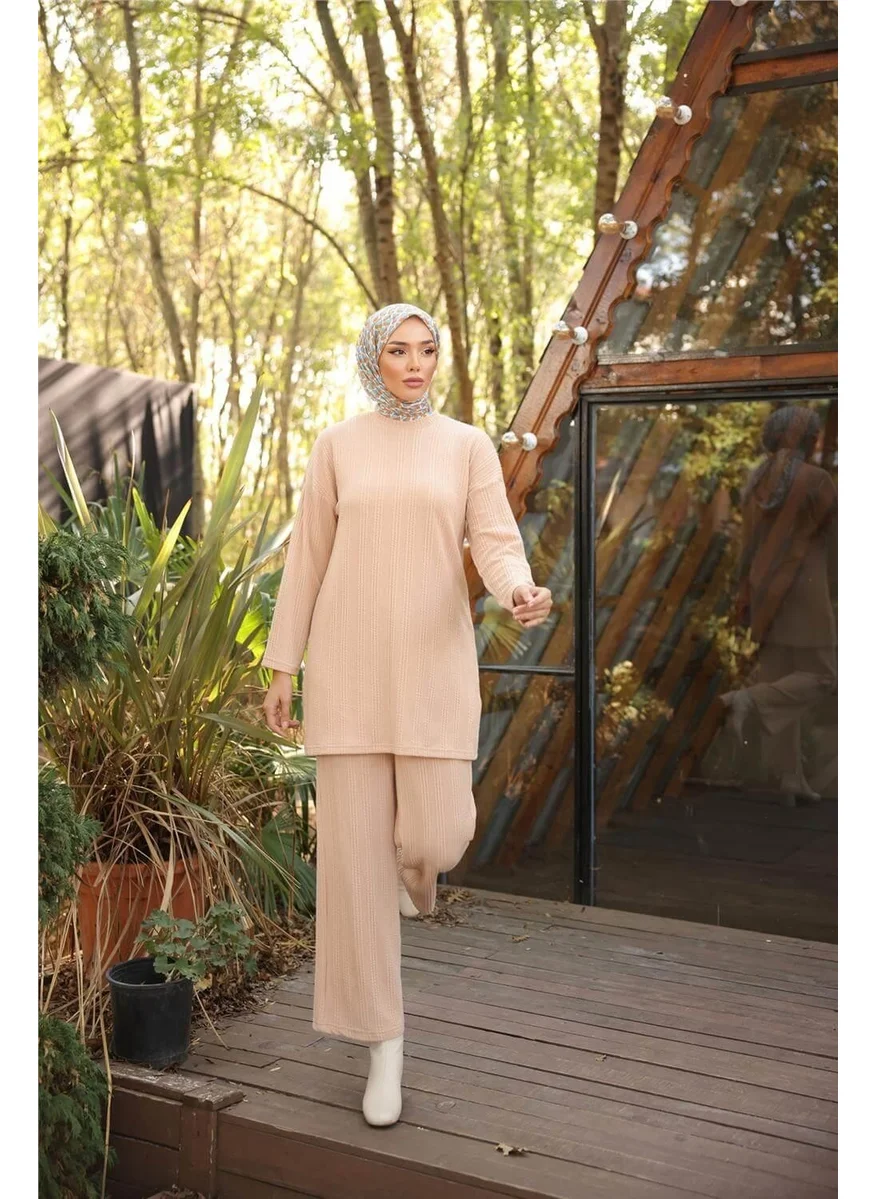 Bwest O Neck Short Tunic Pants Plain Double Hijab Tracksuit Set - 71219.026 - Beige