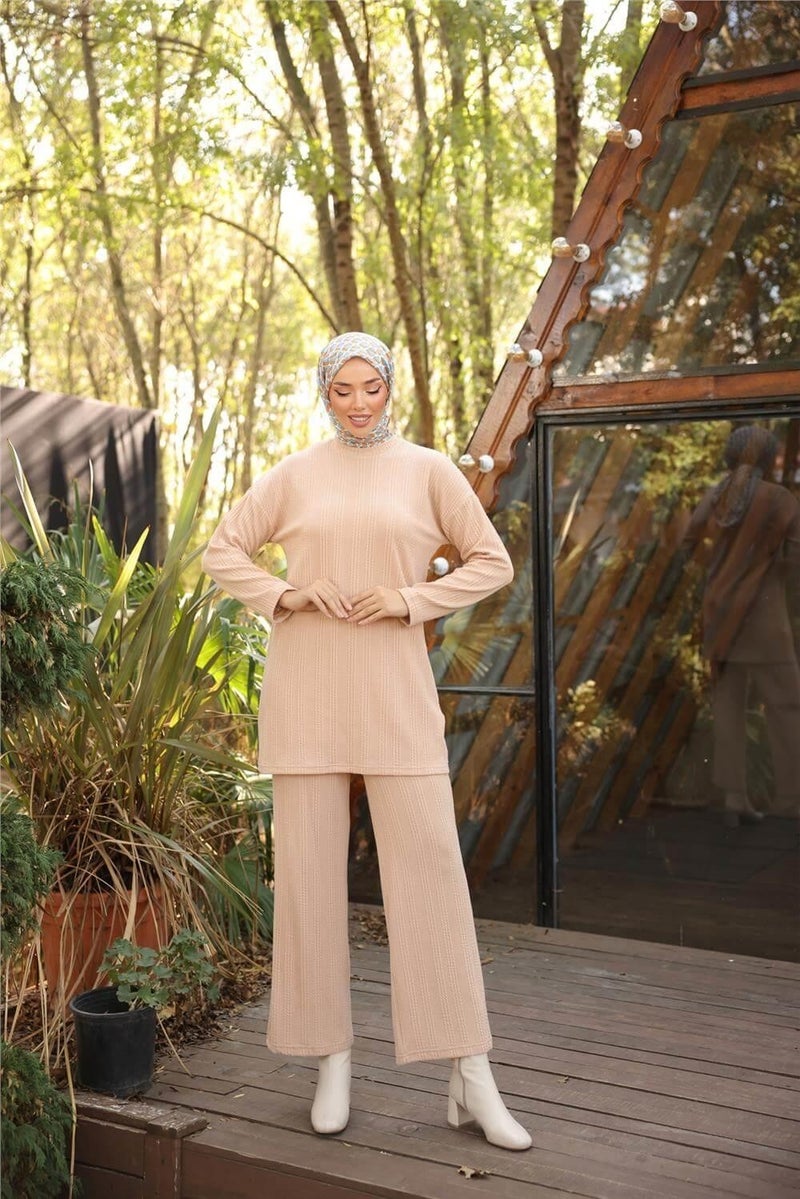 Bwest O Neck Short Tunic Pants Plain Double Hijab Tracksuit Set - 71219.026 - Beige - Image 5