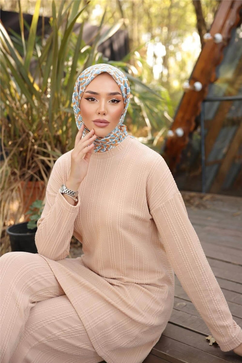Bwest O Neck Short Tunic Pants Plain Double Hijab Tracksuit Set - 71219.026 - Beige - Image 3