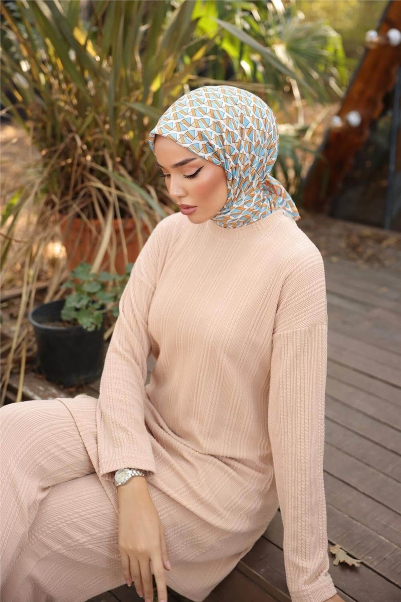 Bwest O Neck Short Tunic Pants Plain Double Hijab Tracksuit Set - 71219.026 - Beige - Image 2